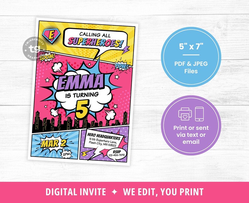 Girl Superhero Invitation, Girl Superhero Comic Birthday Invite, Girl Superhero Birthday Invitation, Superhero Party, Comic Girl, DIGITAL image 3
