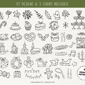 A display of the hand drawn clipart that includes leaves, florals, stacked glasses, candy cane, cake, cupcakes and other desserts, silverware, fireplace, candles, 2 churches, gingerbread house, bread, fish plate, music notes, wreaths, angel, 2 sleigh, bird, star, candy, calendar with 25, string lights, gingerbread man, stars, and rosary beads. No AI was used.
