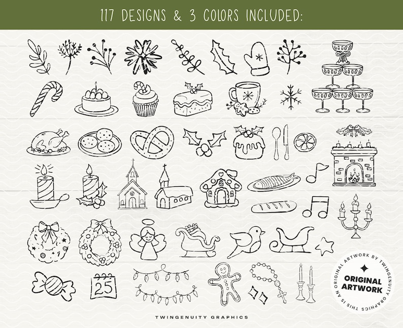 A display of the hand drawn clipart that includes leaves, florals, stacked glasses, candy cane, cake, cupcakes and other desserts, silverware, fireplace, candles, 2 churches, gingerbread house, bread, fish plate, music notes, wreaths, angel, 2 sleigh, bird, star, candy, calendar with 25, string lights, gingerbread man, stars, and rosary beads. No AI was used.