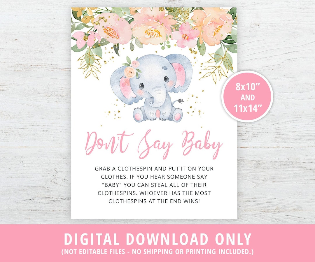Don't Say Baby Sign, Elephant Baby Shower Game, Elephant Theme Baby ...