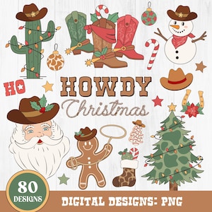 Clipart di Natale occidentale, Babbo Natale cowboy, Ciao, Clipart di festa occidentale retrò, Albero di Natale, Cactus, Pupazzo di neve cowboy, PNG digitale
