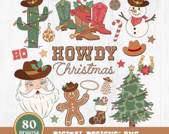 Western Weihnachts Clipart, Cowboy Santa, Howdy, Retro Western Urlaub Clipart, Weihnachtsbaum, Kaktus, Cowboy Schneemann, PNG Digital