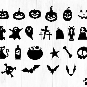 K&ouml;nnte beinhalten: Eine Sammlung schwarzer Halloween-Silhouetten auf wei&szlig;em Hintergrund. Das Bild zeigt K&uuml;rbislaternen, Geister, Kreuze, einen Sarg, einen Sensenmann, eine schwarze Katze, einen Totenkopf, einen Kessel, Flederm&auml;use und einen Knochen.