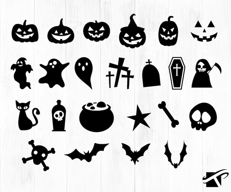 K&ouml;nnte beinhalten: Eine Sammlung schwarzer Halloween-Silhouetten auf wei&szlig;em Hintergrund. Das Bild zeigt K&uuml;rbislaternen, Geister, Kreuze, einen Sarg, einen Sensenmann, eine schwarze Katze, einen Totenkopf, einen Kessel, Flederm&auml;use und einen Knochen.
