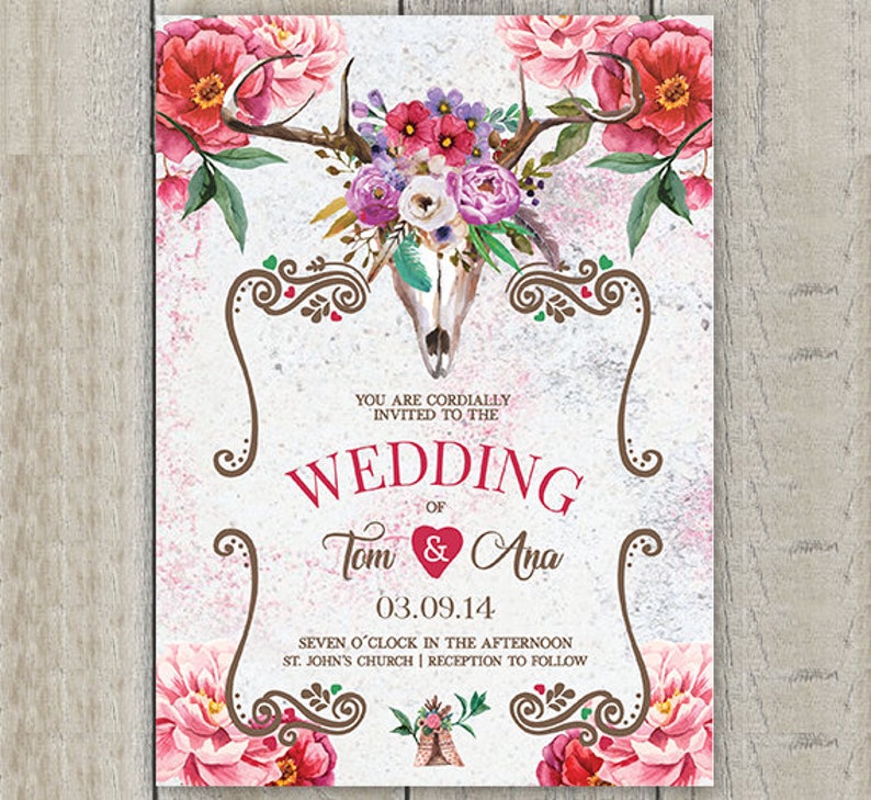 Boho Wedding Invitation Kit \u2022 Boho Wedding Save the Date \u2022 Boho Skull Wedding Invites \u2022 Rustic Wedding \u2022 Boho Floral Wedding \u2022Tribal Wedding