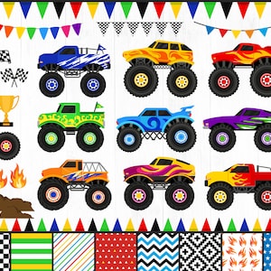 Monster Trucks Clipart, Monster Truck Clipart Bundle, Trucks Clip Art, Big Trucks, Boy, Flames, Racing, Digital Clipart, PNG ONLY