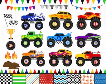 Monster Trucks Clipart, Monster Truck Clipart Bundle, Trucks Clip Art, Big Trucks, Boy, Flames, Racing, Digital Clipart, PNG ONLY