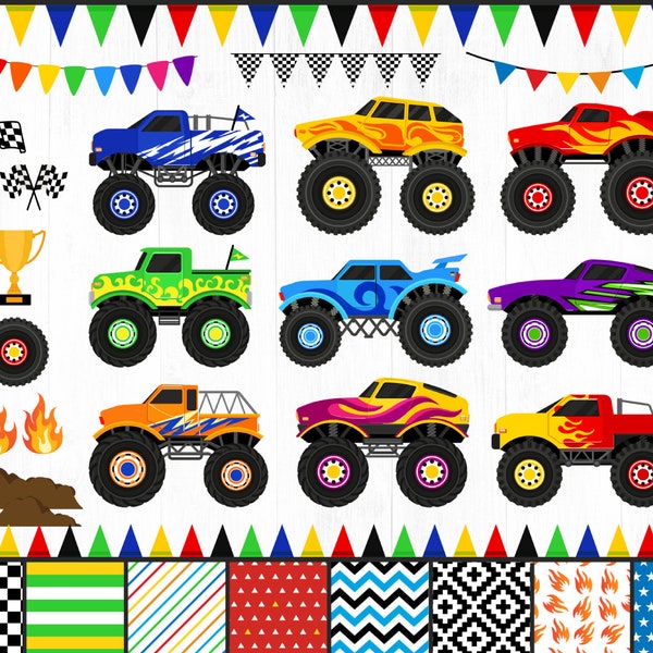 Monster Trucks Clipart, Monster Truck Clipart Bundle, Trucks Clip Art, Big Trucks, Boy, Flames, Racing, Digital Clipart, PNG ONLY