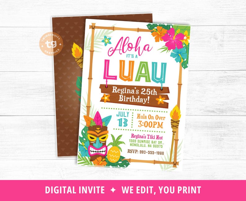 Luau Invitation, Luau Birthday Invite, Luau Tiki Party Invitation, Hawaiian Invitation, Luau Party, Tropical, Aloha, Summer Beach DIGITAL image 3