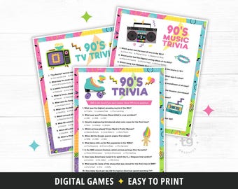 May include: Three printed trivia game sheets featuring 90s themes including TV, music, and general knowledge. The designs use bright pink, teal, and yellow geometric patterns with illustrations of a boombox, roller skate, and troll doll.