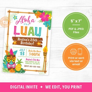 Luau Invitation, Luau Birthday Invite, Luau Tiki Party Invitation, Hawaiian Invitation, Luau Party, Tropical, Aloha, Summer Beach DIGITAL image 4