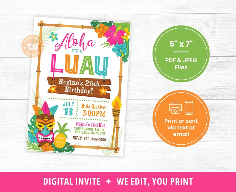 Luau Invitation, Luau Birthday Invite, Luau Tiki Party Invitation, Hawaiian Invitation, Luau Party, Tropical, Aloha, Summer Beach DIGITAL image 4