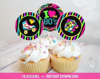 80s Neon Cupcake Toppers, 80s Birthday Theme, Retro Party Decor, I Love the 80's, Cassette Tape, 1980s, Printable DIY DIGITAL