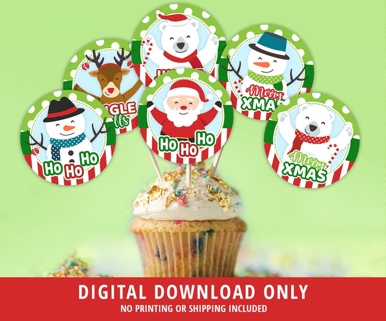 May include: Six round Christmas-themed cupcake toppers featuring Santa Claus, a snowman, a reindeer, a polar bear, and two snowmen. The toppers have red, green, white, and black colors. The text on the toppers reads "Ho Ho Ho", "Merry Xmas", and "Jingle Bells".