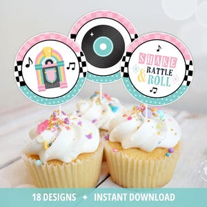 1950er Jahre Cupcake Toppers, 50er Geburtstag 50er Party Dekoration, 50er Sock Hop, Shake Rassel Roll, Printable DIGITAL