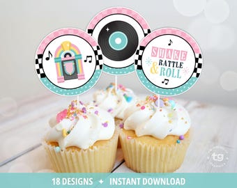 1950s Cupcake Toppers, 50s Birthday 50s Party Decor, 50s Sock Hop, Shake Rattle Roll, Printable DIGITAL