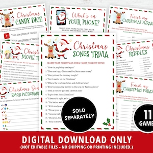 Op de afbeelding: Een digitale download van 11 kerstfeestspellen met illustraties van de kerstman en rendieren. De spellen omvatten Christmas Candy Dice, Christmas Movie Trivia, Christmas Songs Trivia, Christmas Emoji Pictionary, Christmas Riddles en Finish My Christmas Phrase. De spellen worden apart verkocht.