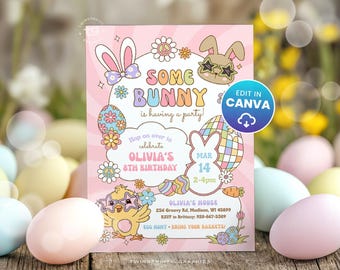 Groovy Easter Birthday Invitation, Retro Kids Egg Hunt Birthday Party Invite, Bunny, Chick Birthday — Canva Template