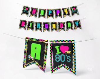 80s Birthday Banner, 80s Party Decorations, 80s Retro Neon Banner, I Love the 80's, 1980, Neon, Printable, DIGITAL