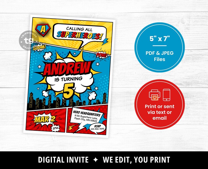 May include: Superhero-themed birthday invitation with a comic book style. The invitation is 5" x 7" and features the text "Calling All Superheroes!" and "Andrew is turning 5." Includes a cityscape and the date, March 2.