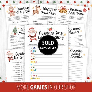 May include: A set of printable Christmas party games, including Christmas Candy Dice, What's on Your Phone, Christmas Songs Trivia, Christmas Song Emojitionary, Christmas Riddles, and Christmas Word Scramble. The games are designed with a festive watercolor theme.