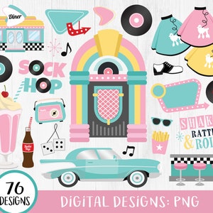 50er Jahre Clipart, 50er Retro Clipart Bundle, 50er Jahre Clipart, 50er Jahre Sock Hop, Schallplatte, Retro Diner, Jukebox, Diner Schild, PNG
