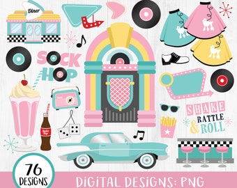 50s Clipart, 50s Retro Clipart Bundle, 1950s clipart, Fifties Clipart, 50s Sock Hop, Vinyl Record, Retro Diner, Jukebox, Diner Sign, PNG