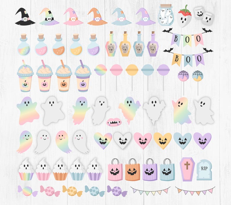 Pode incluir: Um conjunto de clipart digital tem&aacute;tico de Halloween, colorido, com fantasmas, bruxas, doces e outros elementos assustadores. O clipart &eacute; perfeito para criar convites, decora&ccedil;&otilde;es de festa e outras artesanato festivas.