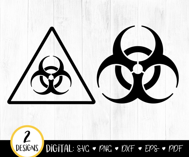May include: Two black and white biohazard symbols. One symbol is inside a black triangle. The other symbol is a standalone symbol.