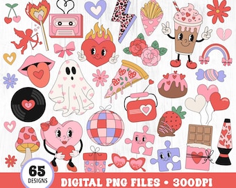May include: A set of 65 digital Valentine's Day themed clipart images. The images include hearts, flowers, candy, a ghost, a milkshake, a pizza, a record, a cassette tape, a disco ball, a puzzle, a lava lamp, and more. The images are in a retro style with bright colors and bold outlines.