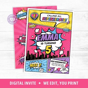 Girl Superhero Invitation, Girl Superhero Comic Birthday Invite, Girl Superhero Birthday Invitation, Superhero Party, Comic Girl, DIGITAL image 2