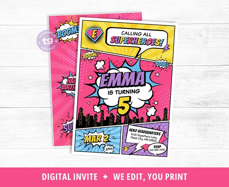 Girl Superhero Invitation, Girl Superhero Comic Birthday Invite, Girl Superhero Birthday Invitation, Superhero Party, Comic Girl, DIGITAL image 2