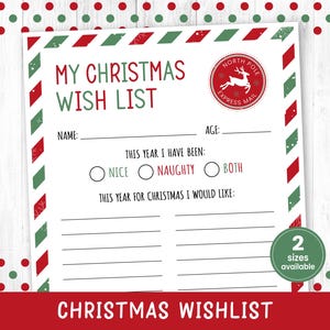 Lista de deseos navideña imprimible, carta a Papá Noel, actividad navideña para niños, rayas rojas y verdes, todas las edades, renos, descarga instantánea
