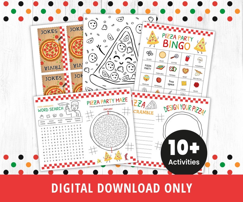 May include: A printable set of 10+ pizza-themed party games for kids. The games include a word search, a maze, a bingo game, a pizza design activity, and a pizza scramble. The games are black and white and feature cute cartoon pizzas.