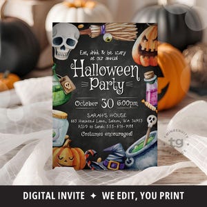 Halloween-Einladung, Halloween einladen, Essen, trinken, beängstigend sein einladen, Halloween-Party-Flyer, Halloween-Party einladen, Kürbisse, Schädel, DIGITAL Bild 2