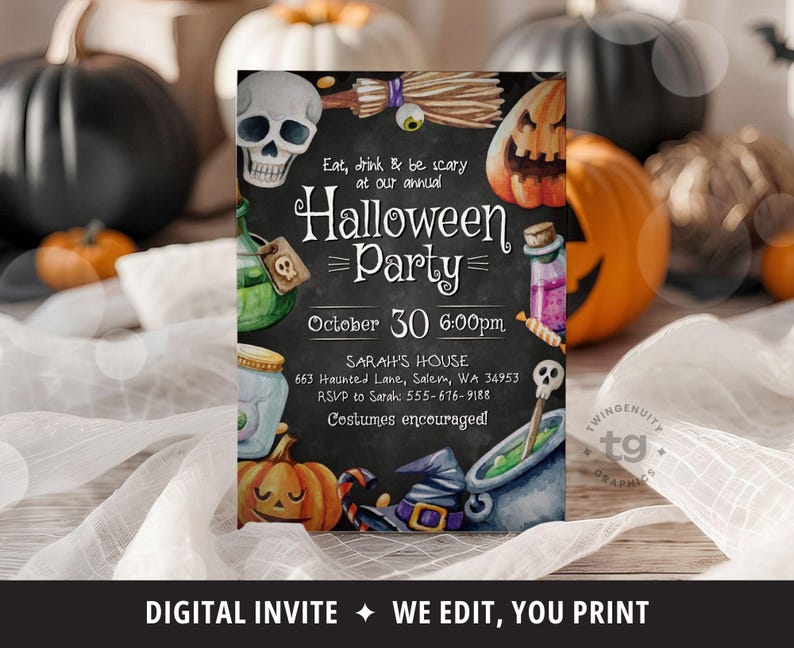 Halloween-Einladung, Halloween einladen, Essen, trinken, beängstigend sein einladen, Halloween-Party-Flyer, Halloween-Party einladen, Kürbisse, Schädel, DIGITAL Bild 2