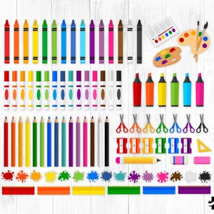 200 Art Supplies Clipart and Patterns, Art Clipart, Painting Clipart, Crayons, Markers, Color Pencils, Art Party, School Supplies, PNG image 2