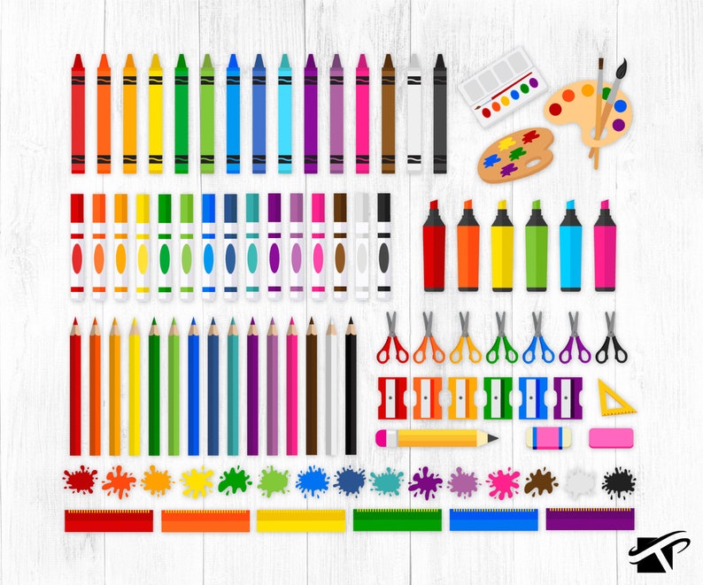 200 Art Supplies Clipart and Patterns, Art Clipart, Painting Clipart, Crayons, Markers, Color Pencils, Art Party, School Supplies, PNG image 2