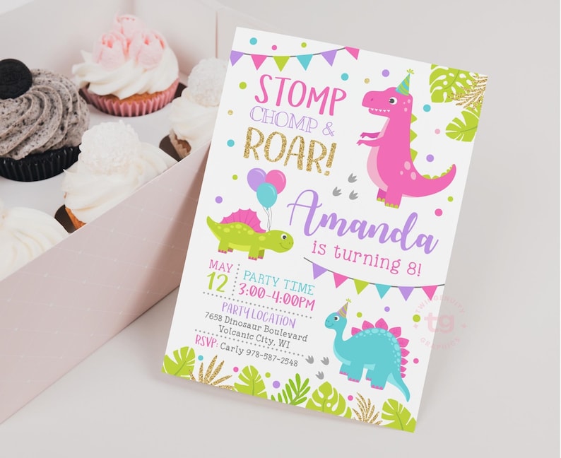 Invitación de cumpleaños de dinosaurio para niña, invitación de dinosaurio rosa, fiesta de dinosaurios, invitación de dinosaurio para niña, cumpleaños para niñas, invitación de T-Rex DIGITAL imagen 4