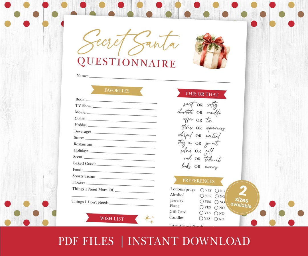 Employee Gift Questionnaire.pdf Secret Santa Gift Questionnaire for Coworkers Printable, Adult Gift ...