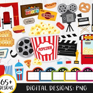 Movie Clipart, Movie Night Clipart, Movie Theater Clipart, Cinema Clipart, Popcorn Clipart, Marquee, Soda, Film, Candy, Food, PNG, DIGITAL