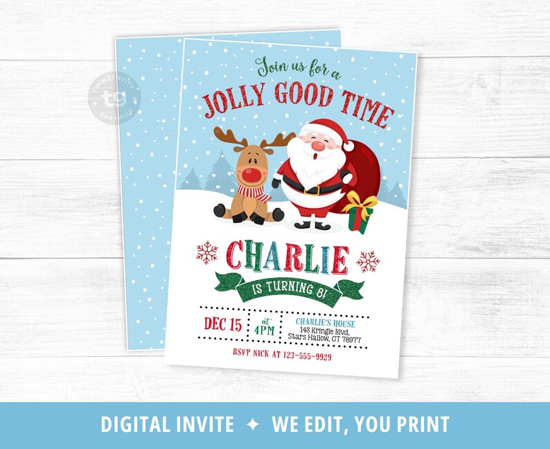 Christmas Birthday Invitation, Christmas Santa Birthday Party Invitation, Winter Birthday, Reindeer, Jolly Good Time, Invite Kids, DIGITAL image 3