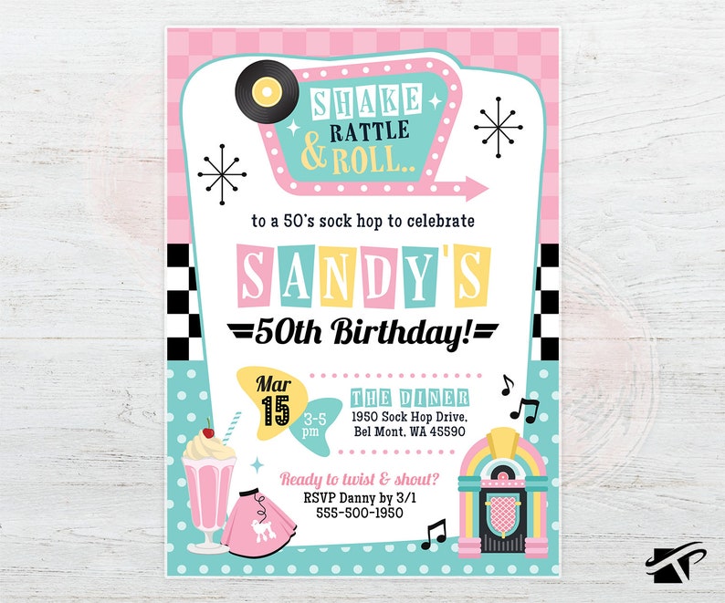 50s Birthday Invitation 50s Sock Hop Party Invite 50s Birthday Party Retro 50s Theme Invite 1950s Shake Rattle Roll Fifties