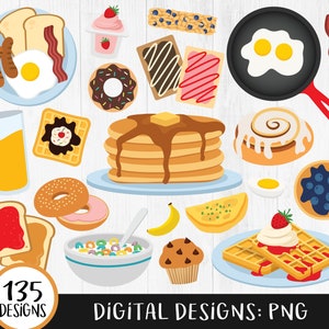 Breakfast Clipart, Breakfast Food Clipart, Pancakes Clipart, Waffles Clipart, Syrup, Fruit, Toast, Donut, Coffee, Muffin, Eggs, Bacon, PNG