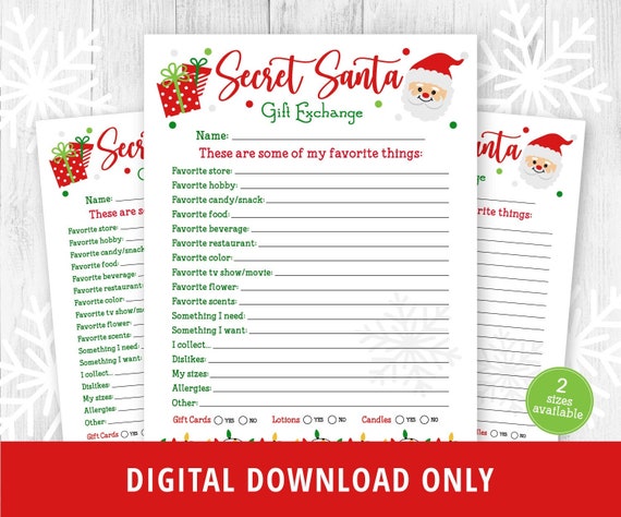 Secret Santa Gift Exchange Printable, Gift Questionnaire,  Favorite Things, Survey, Christmas Gift List, Gift Ideas for Christmas, DIGITAL