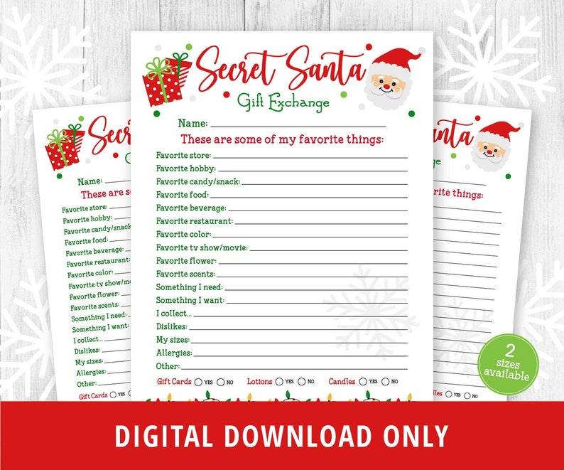 Secret Santa Gift Questionnaire Printable.