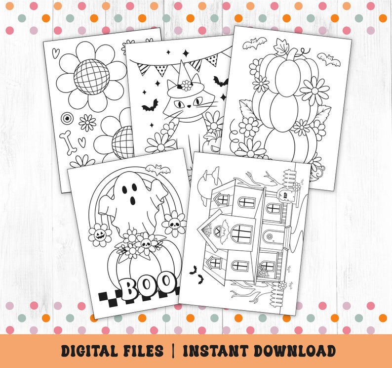Ten Groovy Halloween Retro Coloring Pages for Kids and Adults.