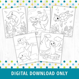 Puede incluir: P&aacute;ginas para colorear en blanco y negro con un delf&iacute;n, un tibur&oacute;n, una tortuga y una foca. Las p&aacute;ginas est&aacute;n dise&ntilde;adas para que los ni&ntilde;os las coloreen.