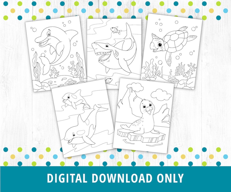 Puede incluir: P&aacute;ginas para colorear en blanco y negro con un delf&iacute;n, un tibur&oacute;n, una tortuga y una foca. Las p&aacute;ginas est&aacute;n dise&ntilde;adas para que los ni&ntilde;os las coloreen.
