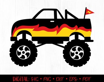 Monster Truck SVG, Camion SVG, Camion con fiamme SVG, Festa di Monster Truck, Grandi camion, Ingorgo di camion, File di taglio SVG EPS DXF PNG Silhouette